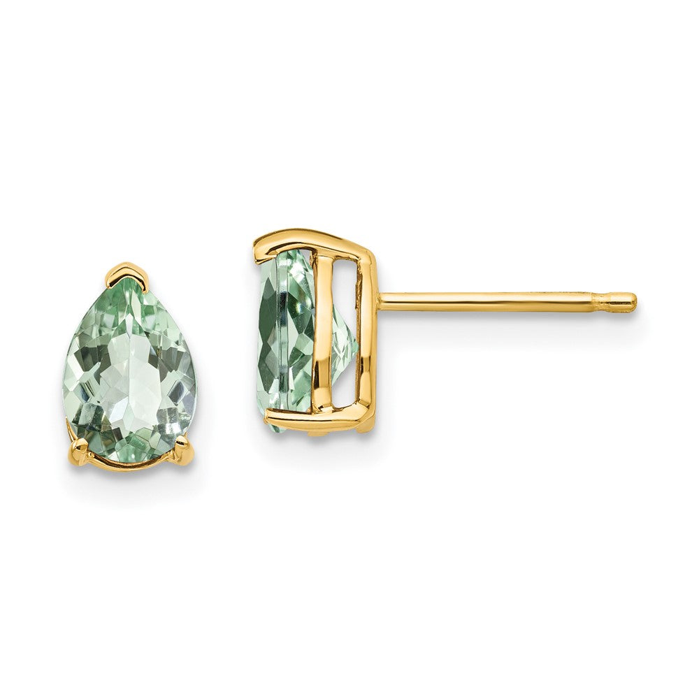 14K Gelbgold Ohrringe mit birnenförmigem grünem Quarz, 7 x 5 mm