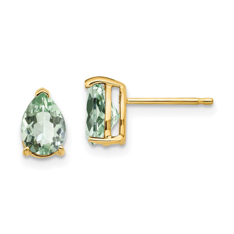 14K Gelbgold Ohrringe mit birnenförmigem grünem Quarz, 7 x 5 mm
