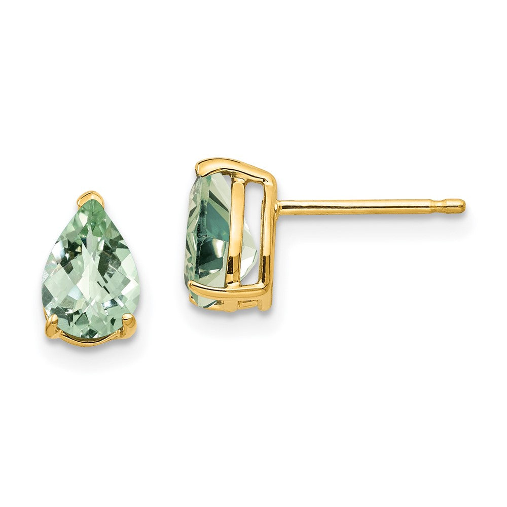 14K Gelbgold Ohrringe mit 7x5 birnenförmig geschliffenem Green Quartz im Checker-Cut