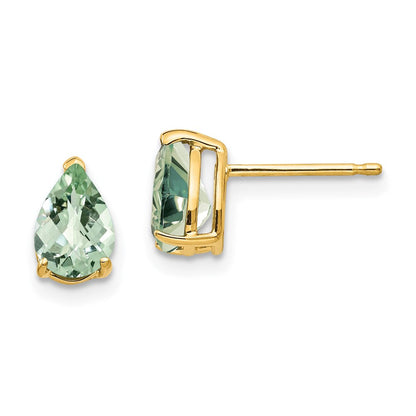 14K Gelbgold Ohrringe mit 7x5 birnenförmig geschliffenem Green Quartz im Checker-Cut