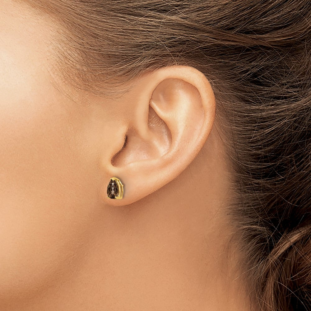 14K Gelbgold Ohrringe mit 7x5 mm Rauchquarz im Birnenschliff, Checker-Cut