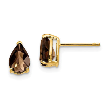 14K Gelbgold Ohrringe mit 7x5 mm Rauchquarz im Birnenschliff, Checker-Cut