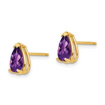 14K Gelbgold Ohrringe mit birnenförmigem Amethyst im Schachbrettschliff, 8x5mm
