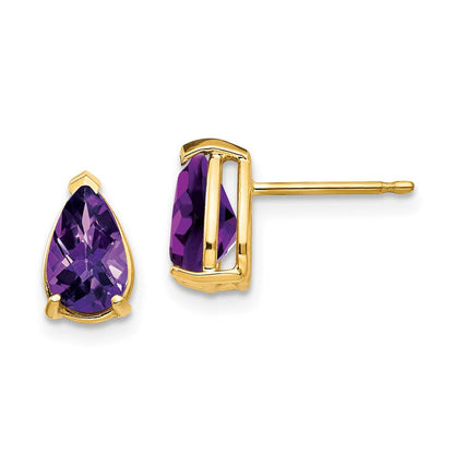 14K Gelbgold Ohrringe mit birnenförmigem Amethyst im Schachbrettschliff, 8x5mm