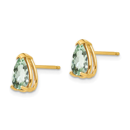 14K Gelbgold Ohrringe mit birnenförmigem grünem Quarz, 8x5 mm