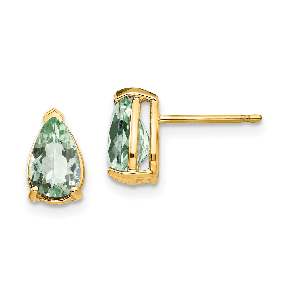 14K Gelbgold Ohrringe mit birnenförmigem grünem Quarz, 8x5 mm