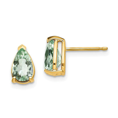 14K Gelbgold Ohrringe mit birnenförmigem grünem Quarz, 8x5 mm