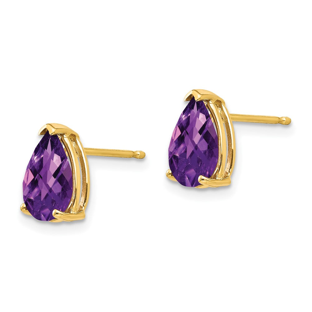 14K Gelbgold Ohrringe mit birnenförmigem Amethyst im Schachbrettschliff, 9x6 mm