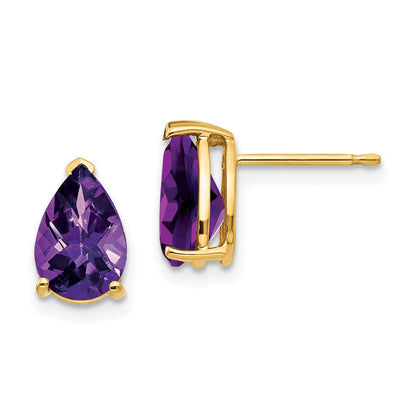 14K Gelbgold Ohrringe mit birnenförmigem Amethyst im Schachbrettschliff, 9x6 mm