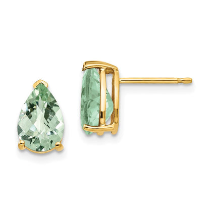 14K Gelbgold Ohrringe mit birnenförmigem Schachbrettschliff-Grünquarz, 9x6 mm