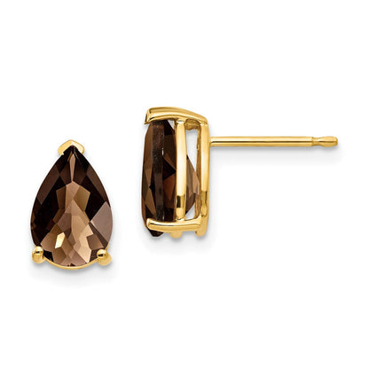 14K Gelbgold Ohrringe mit 9x6 birnenförmigem Schachbrettschliff-Rauchquarz