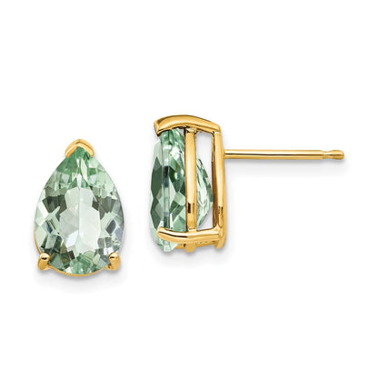 14K Gelbgold Ohrringe mit birnenförmigem grünem Quarz, 10 x 7 mm