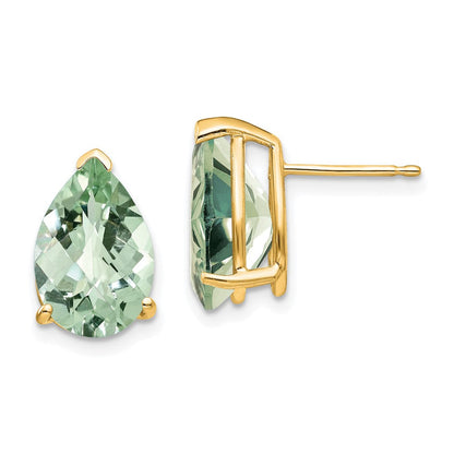 14K Gelbgold Ohrringe mit 12x8 mm birnenförmigem grünem Quarz im Checker-Cut