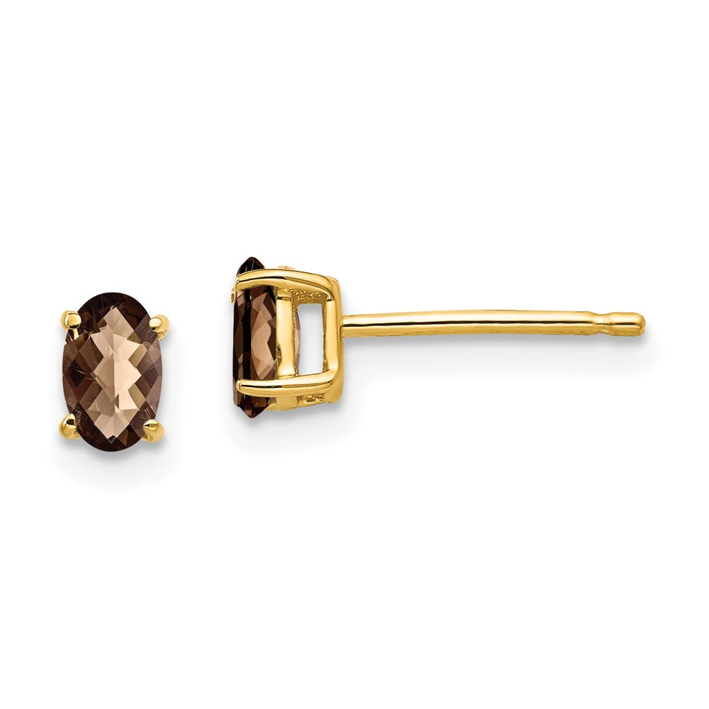 14K Gelbgold Ohrringe mit 5x3 ovalem Schachbrettschliff-Rauchquarz