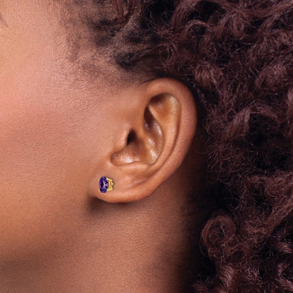 14K Gold Ohrringe mit ovalem Amethyst im Schachbrettschliff, 6x4 mm