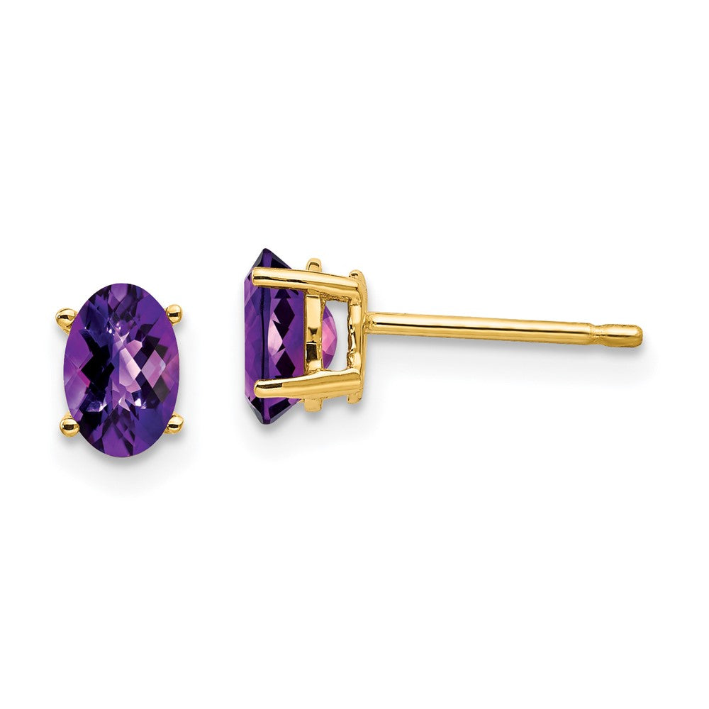 14K Gold Ohrringe mit ovalem Amethyst im Schachbrettschliff, 6x4 mm