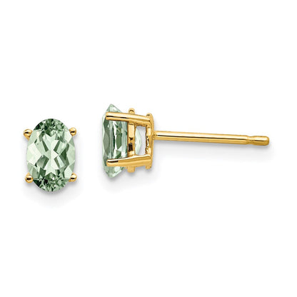 14K Gelbgold Ohrringe mit ovalem grünem Quarz, 6 x 4 mm