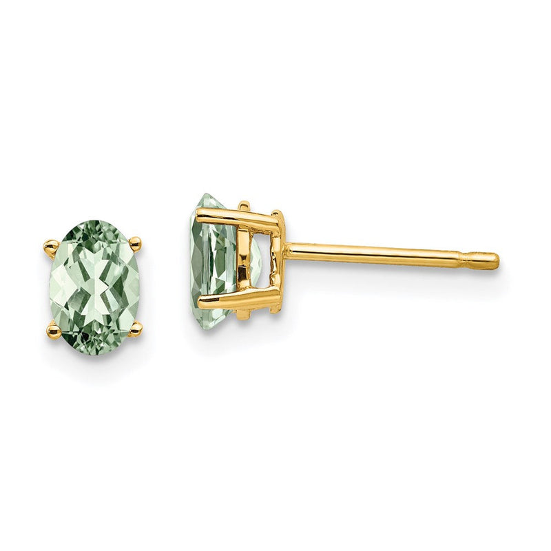 14K Gelbgold Ohrringe mit ovalem grünem Quarz, 6 x 4 mm