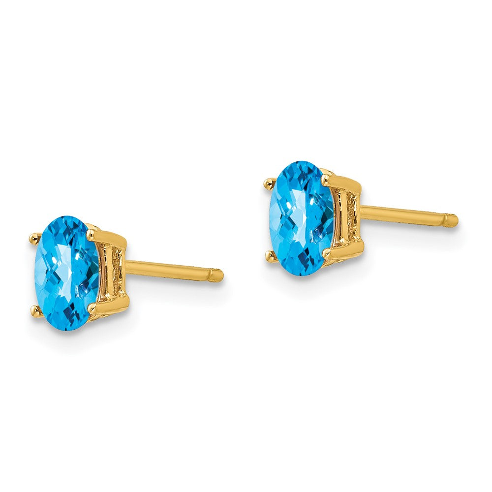 14K Gelbgold Ohrringe mit ovalem, 6 x 4 mm großem Blautopas im Schachbrettschliff