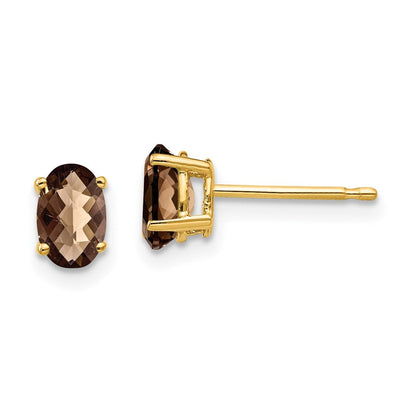 14K Gelbgold Ohrringe mit ovalem Checker-Cut Rauchquarz, 6 x 4 mm, Gelbgold