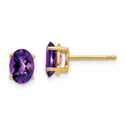 14K Gelbgold Ohrringe mit ovalem Amethyst im Schachbrettschliff, 7x5 mm