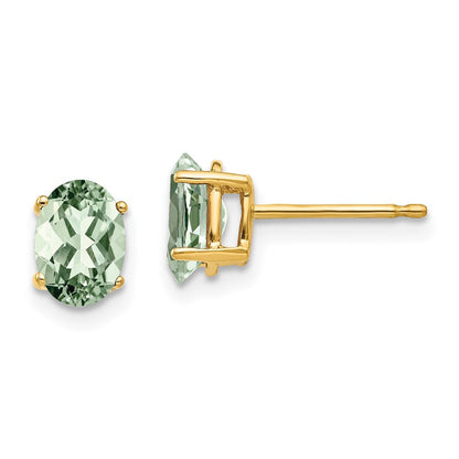 14K Gelbgold Ohrringe mit ovalem grünem Quarz, 7x5 mm