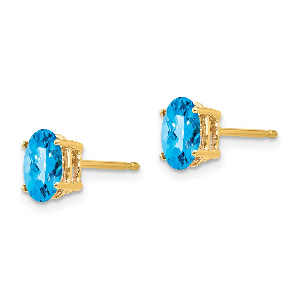 14K Gelbgold Ohrringe mit ovalem blauem Topas im Schachbrettschliff, 7 x 5 mm