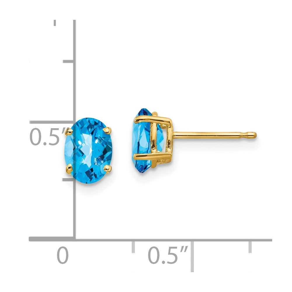 14K Gelbgold Ohrringe mit ovalem blauem Topas im Schachbrettschliff, 7 x 5 mm