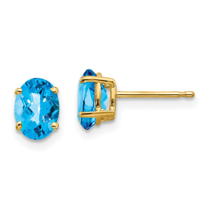 14K Gelbgold Ohrringe mit ovalem blauem Topas im Schachbrettschliff, 7 x 5 mm