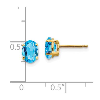 14K Gelbgold Ohrringe mit ovalem blauem Topas, 7 x 5 mm