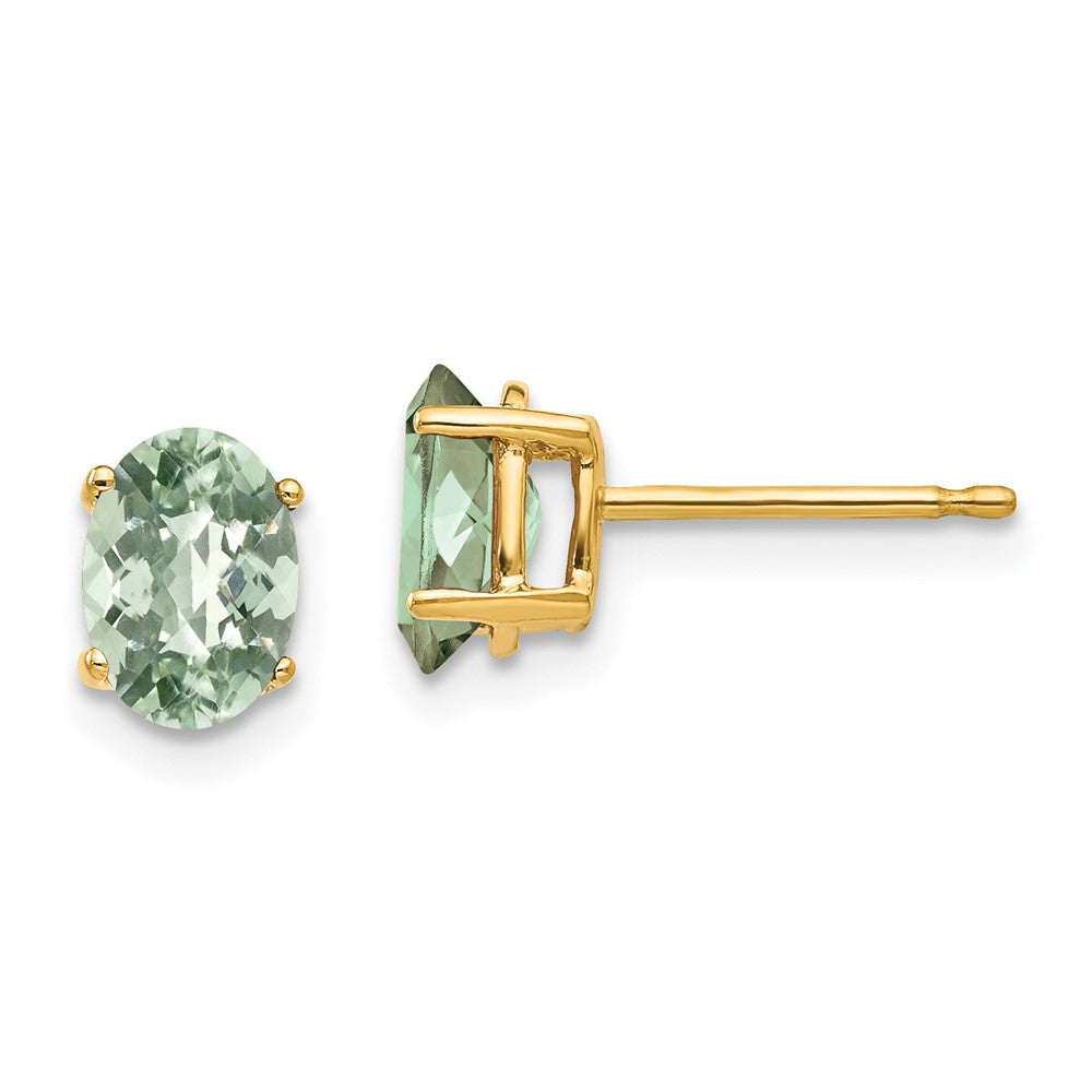 14K Gelbgold Ohrringe mit ovalem Checker-Cut grünem Quarz, 7x5 mm