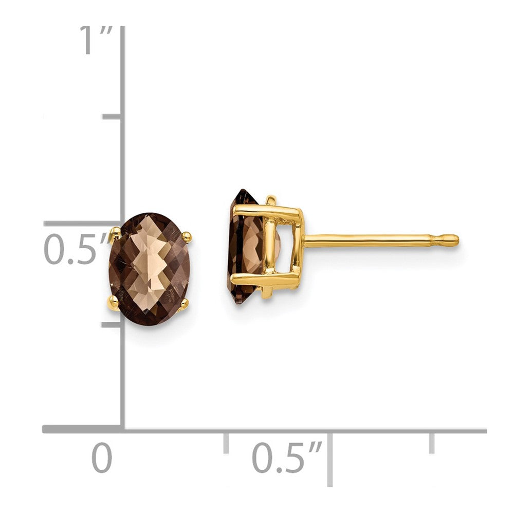 14K Gelbgold Ohrringe mit 7x5 ovalem Schachbrettschliff-Rauchquarz