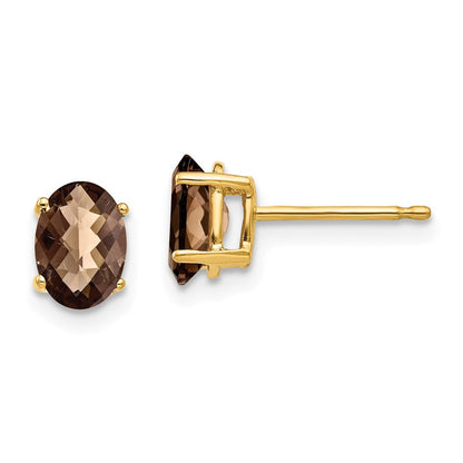 14K Gelbgold Ohrringe mit 7x5 ovalem Schachbrettschliff-Rauchquarz