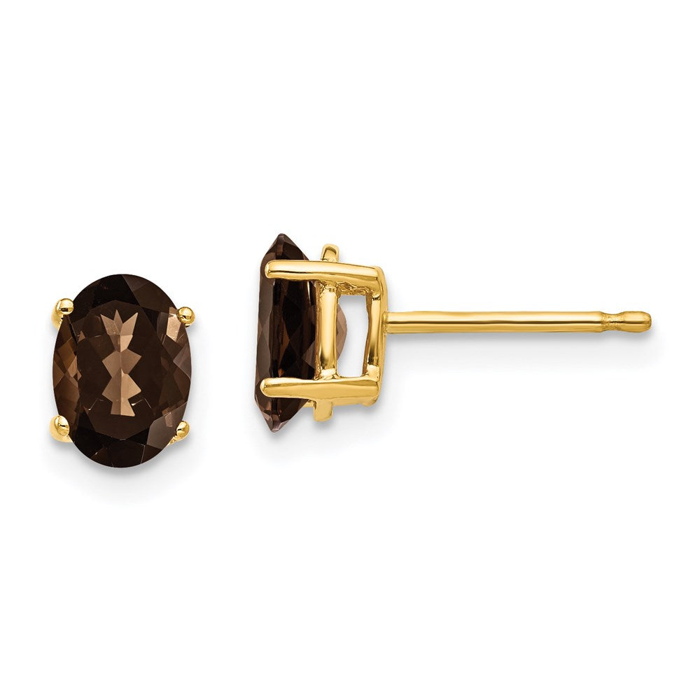 14K Gelbgold Ohrringe mit ovalem Rauchquarz, 7x5 mm, Gelbgold