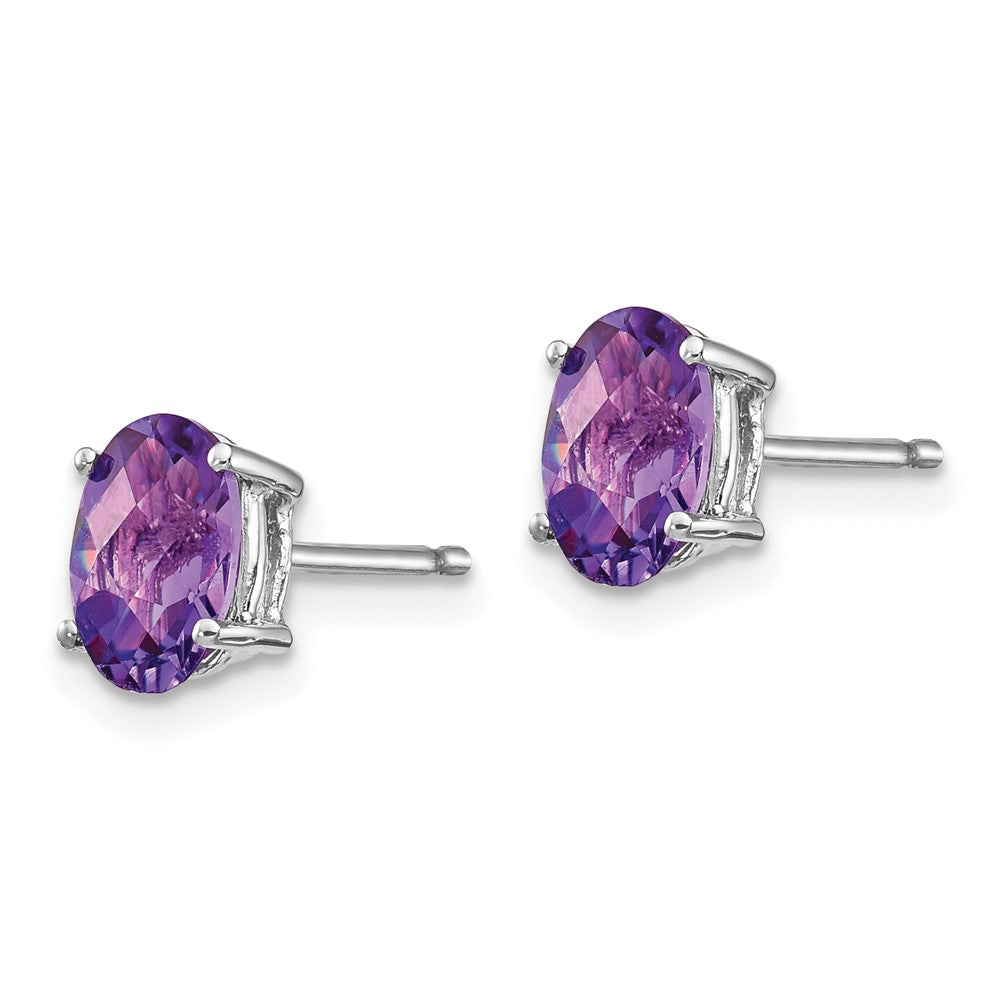 14K Weißgold Ohrringe mit ovalem Amethyst im Schachbrettschliff, 7x5 mm