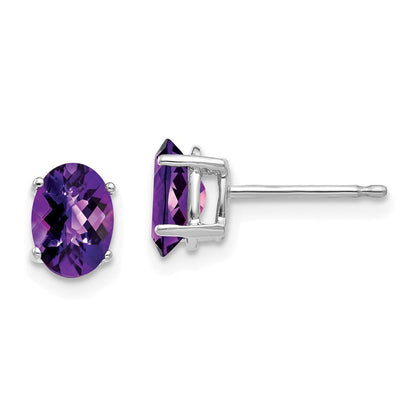 14K Weißgold Ohrringe mit ovalem Amethyst im Schachbrettschliff, 7x5 mm