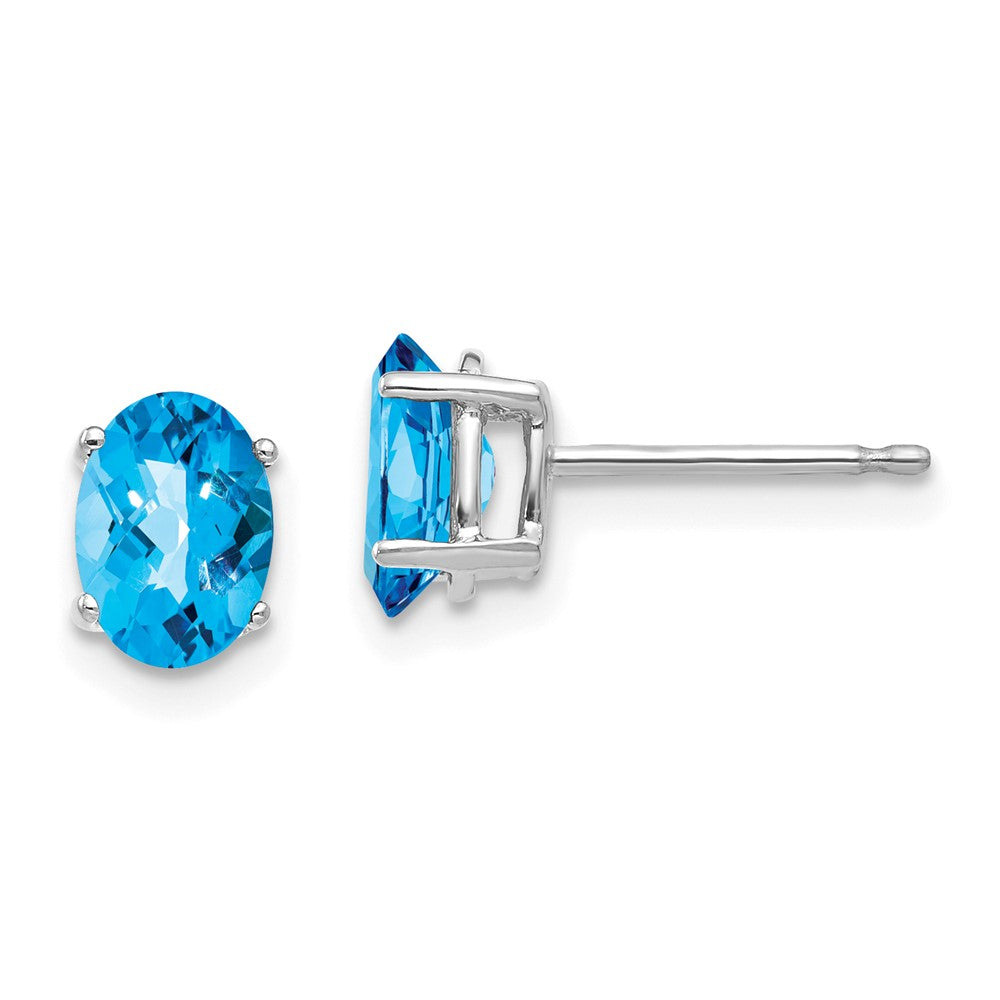 14K Weißgold Ohrringe mit 7x5 mm ovalem Blautopas im Schachbrettschliff