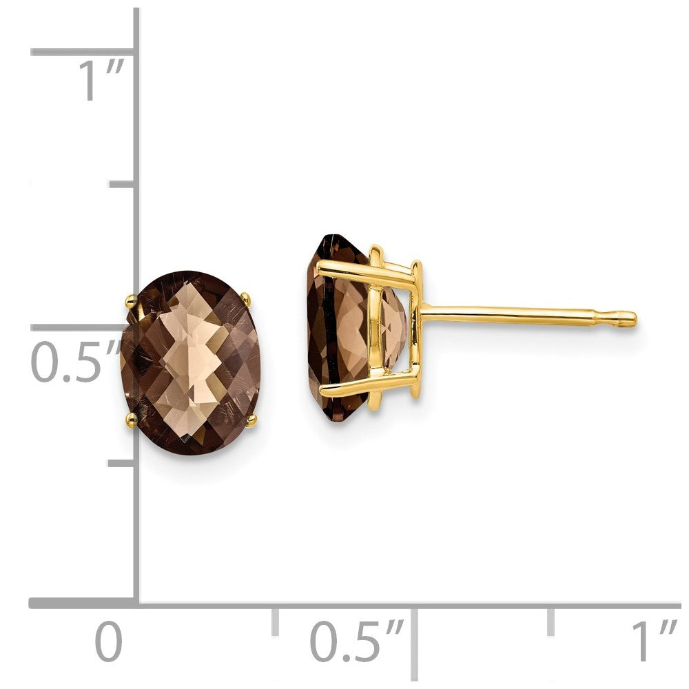 14K Gelbgold Ohrringe mit 8x6 mm ovalem Rauchquarz im Schachbrettschliff