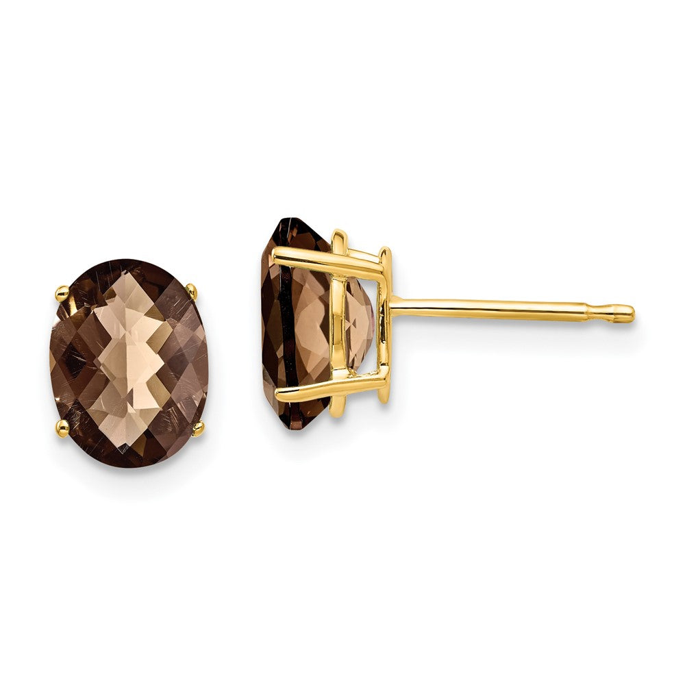 14K Gelbgold Ohrringe mit 8x6 mm ovalem Rauchquarz im Schachbrettschliff