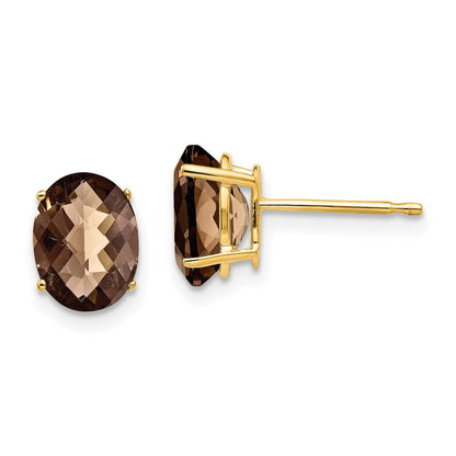 14K Gelbgold Ohrringe mit 8x6 mm ovalem Rauchquarz im Schachbrettschliff