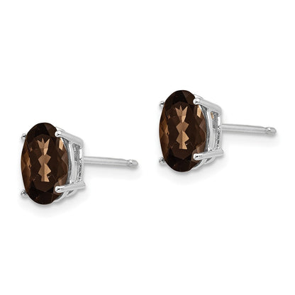 14K Weißgold Ohrringe mit ovalem Schachbrettschliff, 8x6 mm, Rauchquarz und Gelbgold