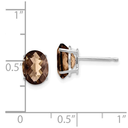 14K Weißgold Ohrringe mit ovalem Schachbrettschliff, 8x6 mm, Rauchquarz und Gelbgold