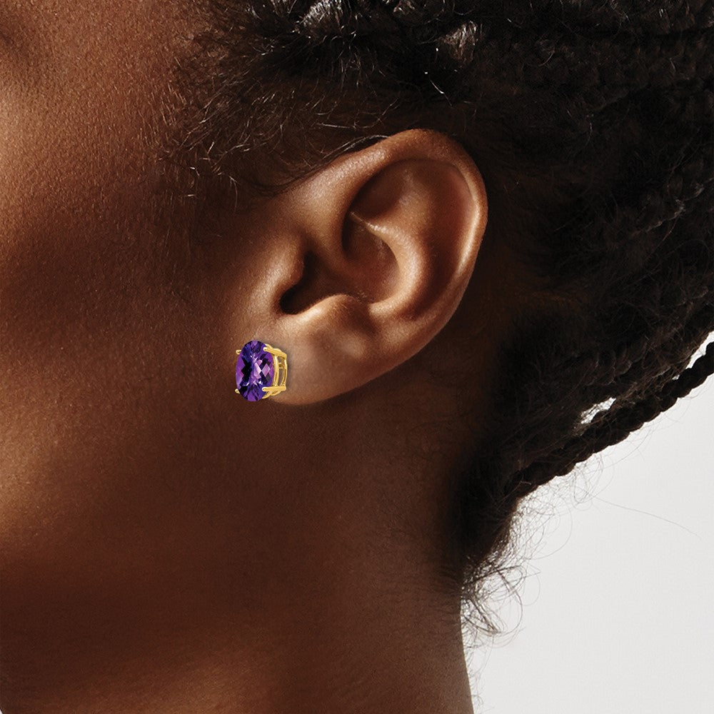 14K Gelbgold Ohrringe mit ovalem Amethyst im Schachbrettschliff, 9x7 mm