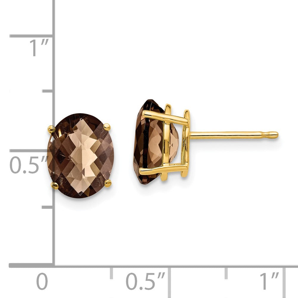 14K Gelbgold Ohrringe mit ovalem Schachbrettschliff, 9x7 mm, Rauchquarz