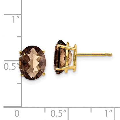 14K Gelbgold Ohrringe mit ovalem Schachbrettschliff, 9x7 mm, Rauchquarz