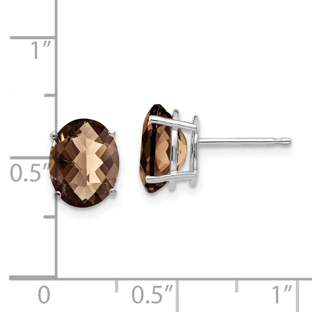 14K Weißgold Ohrringe mit ovalem 9x7 mm Schachbrettschliff-Rauchquarz in Gelbgold