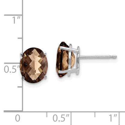 14K Weißgold Ohrringe mit ovalem 9x7 mm Schachbrettschliff-Rauchquarz in Gelbgold