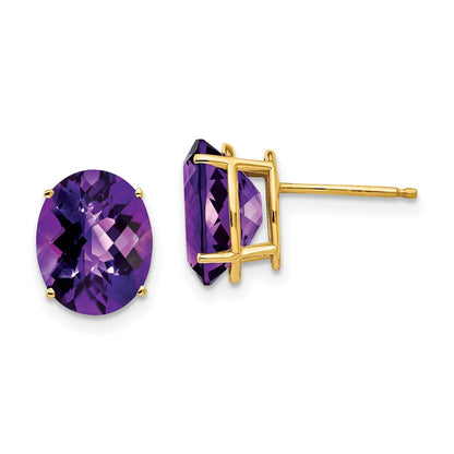 14K Gelbgold Ovale Amethyst-Ohrringe mit Karo-Schliff, 10 x 8 mm