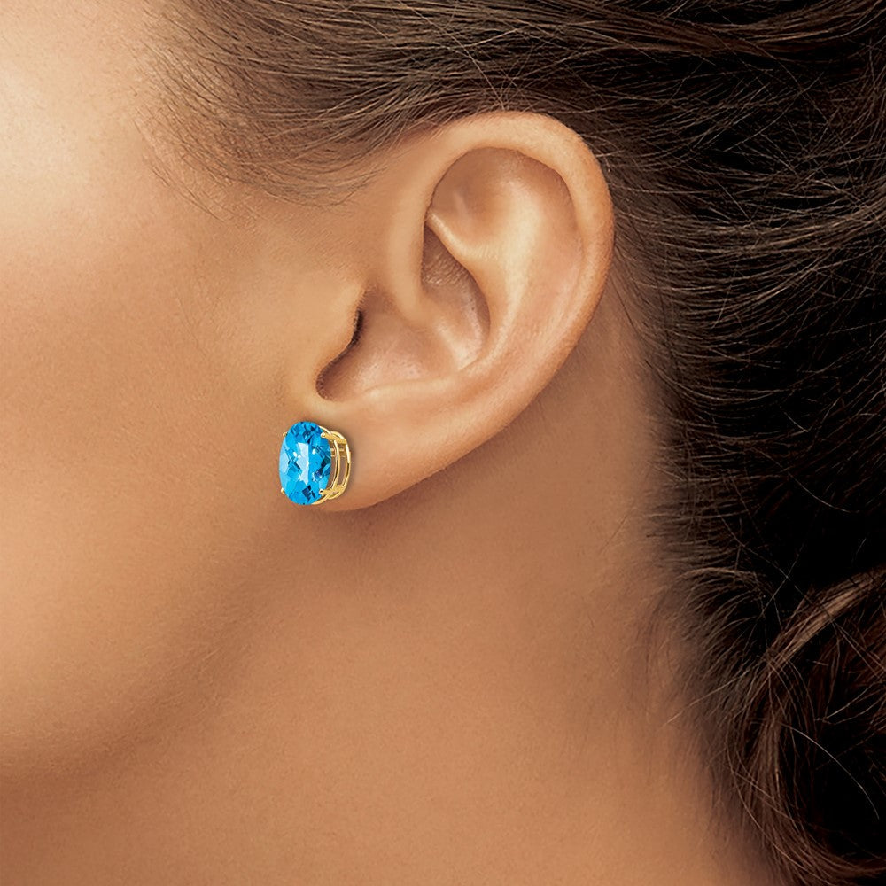 14K Gelbgold Ohrringe mit ovalem Blautopas im Schachbrettschliff, 10 x 8 mm