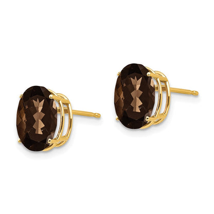14K Gelbgold Ohrringe mit 10x8 mm ovalem Schachbrettschliff-Rauchquarz